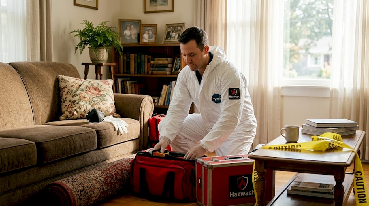 Biohazard technician preparing gear in family home