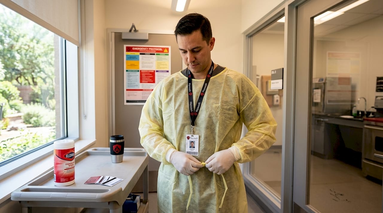 Technician putting on PPE before BSL-3 lab