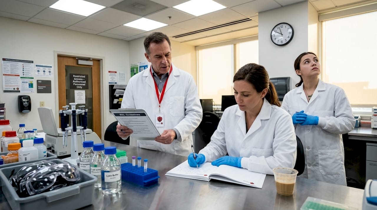 Research team reviewing biosafety compliance logs