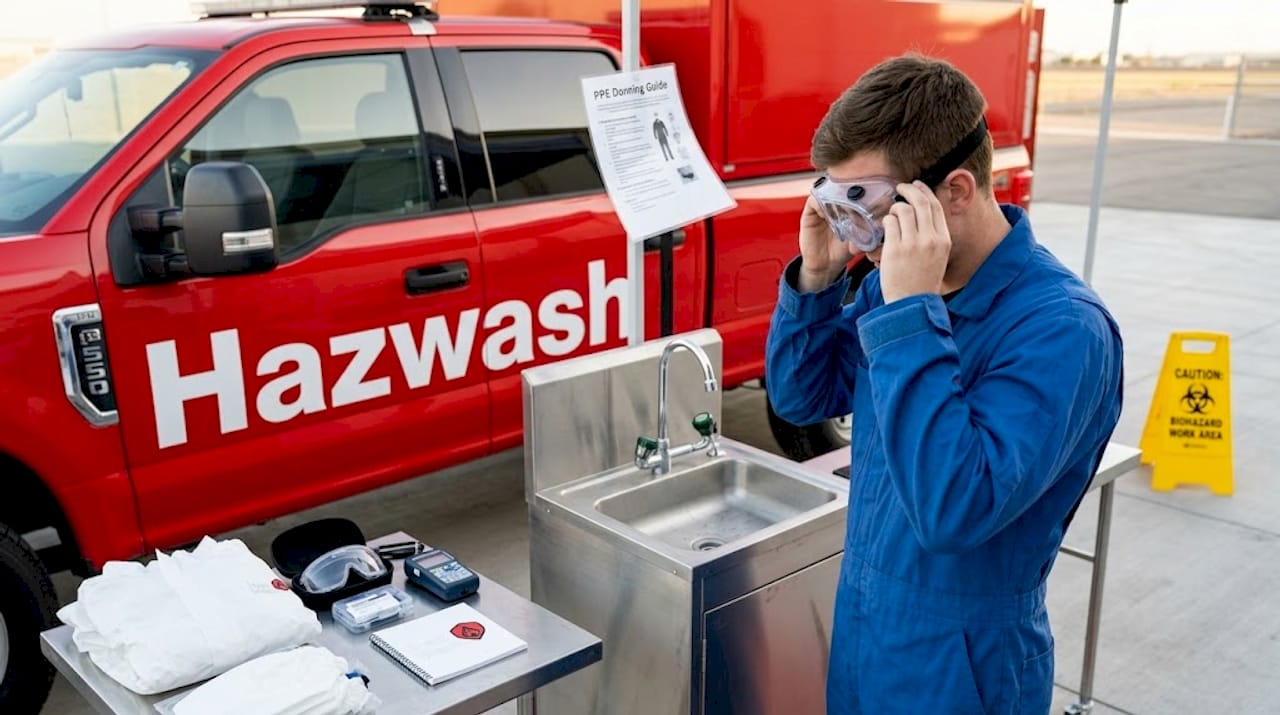 Technician fitting splash goggles in decon room