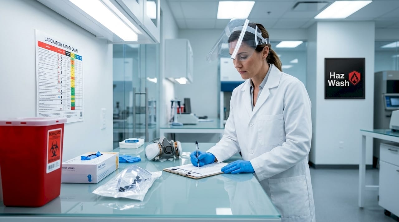 Safety officer reviews biohazard PPE in lab