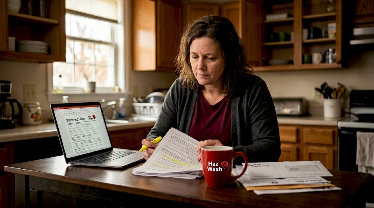 Homeowner reviewing biohazard insurance paperwork