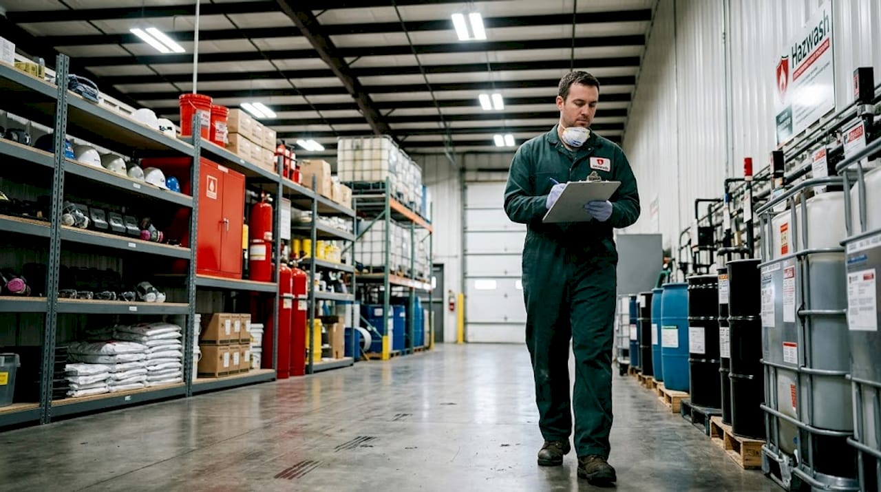 Technician reviews waste at chemical plant