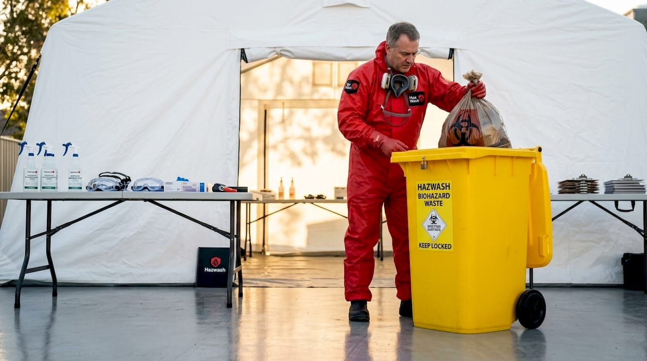Technician disposes sealed biohazard bag in hallway bin