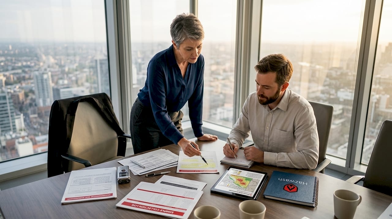 Property manager and consultant reviewing incident documents