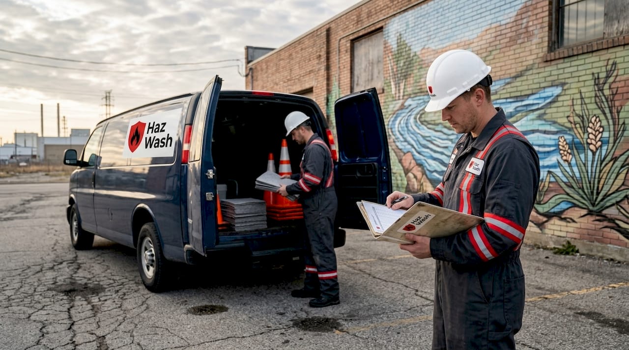 Hazardous cleanup crew preparing site equipment