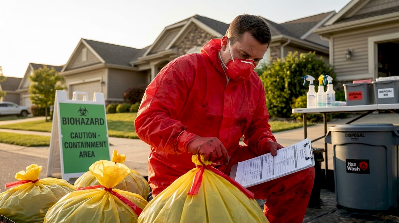 Biohazard cleanup professional at worksite