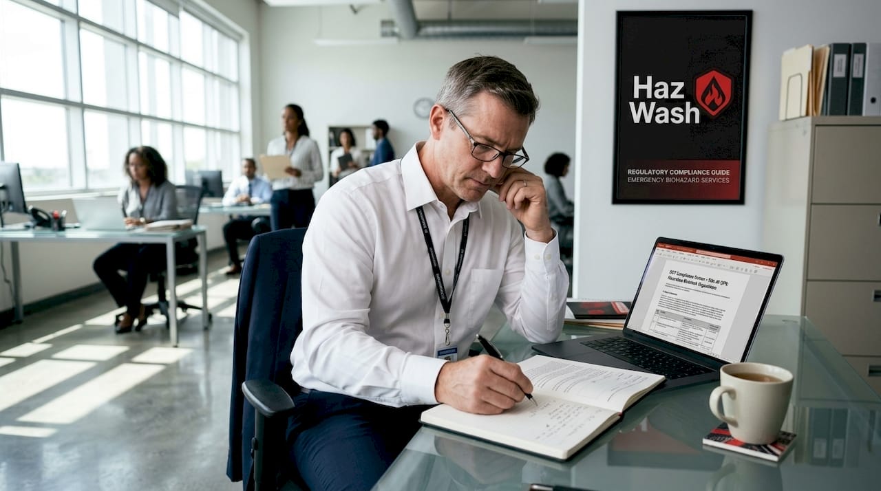 Biohazard compliance officer reviewing DOT documents