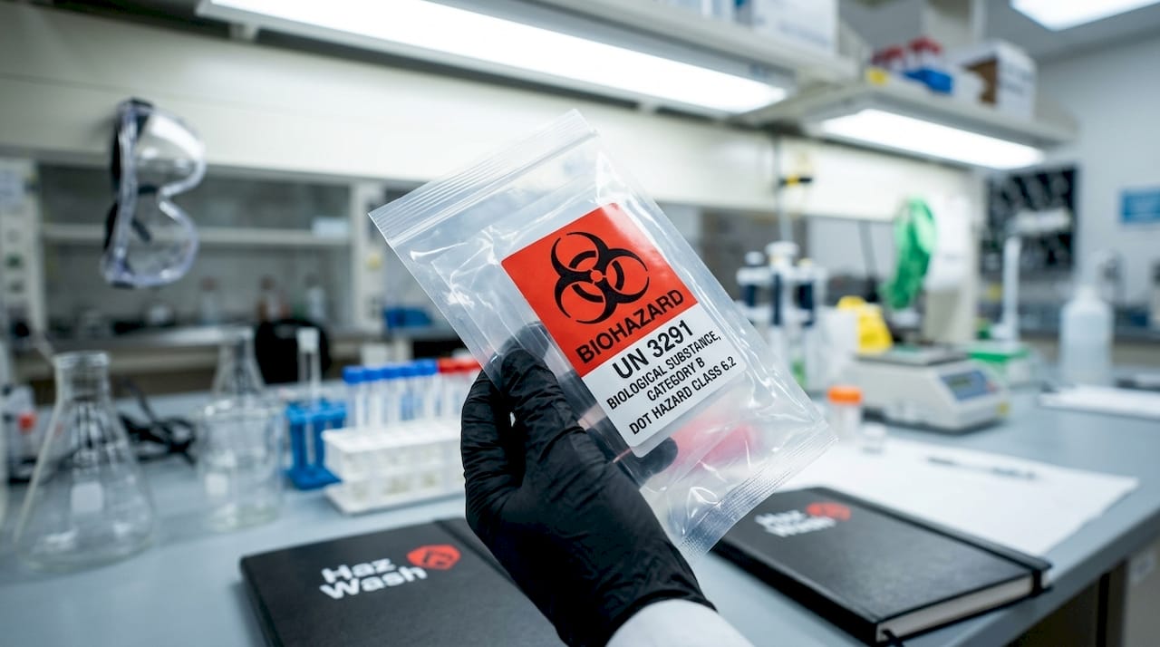 Gloved hand holding labeled biohazard transport package