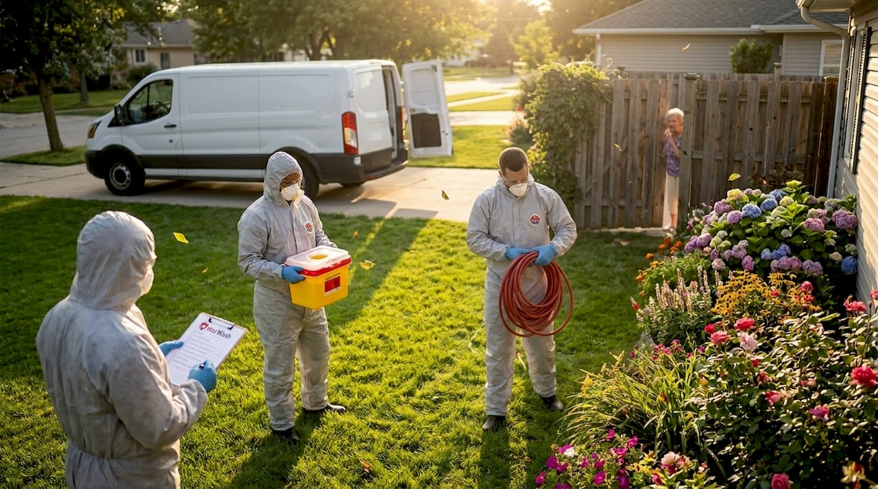 Certified biohazard cleanup team outside residence