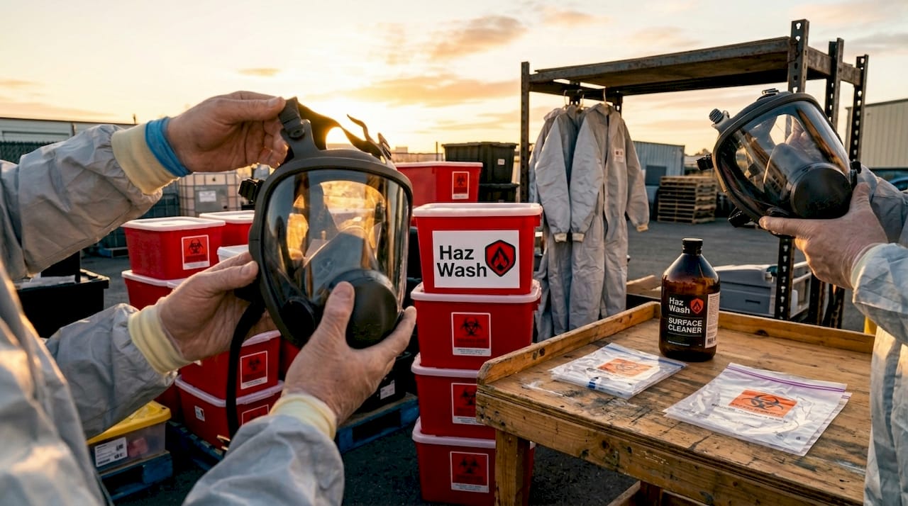 Hands putting on protective gear for biohazard cleanup