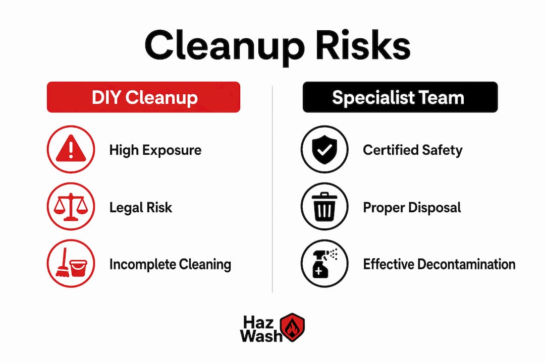 Infographic comparing DIY cleanup risks versus specialist team benefits