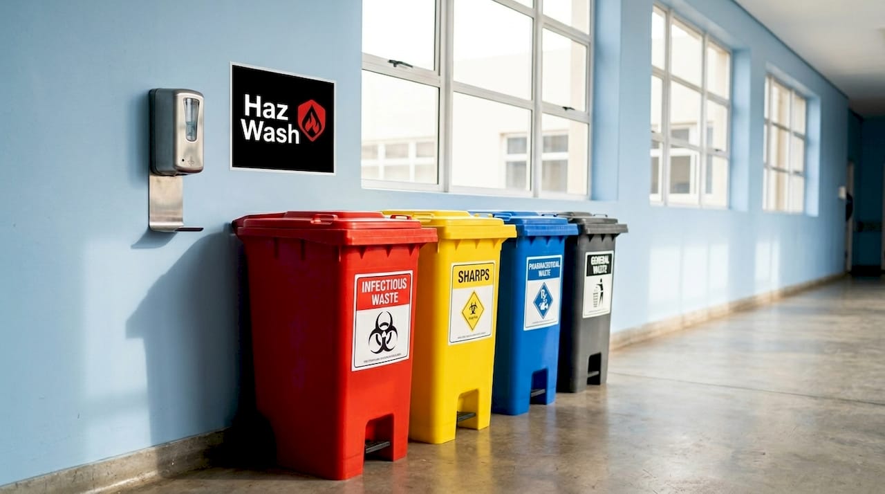 Labeled healthcare waste disposal bins in hospital