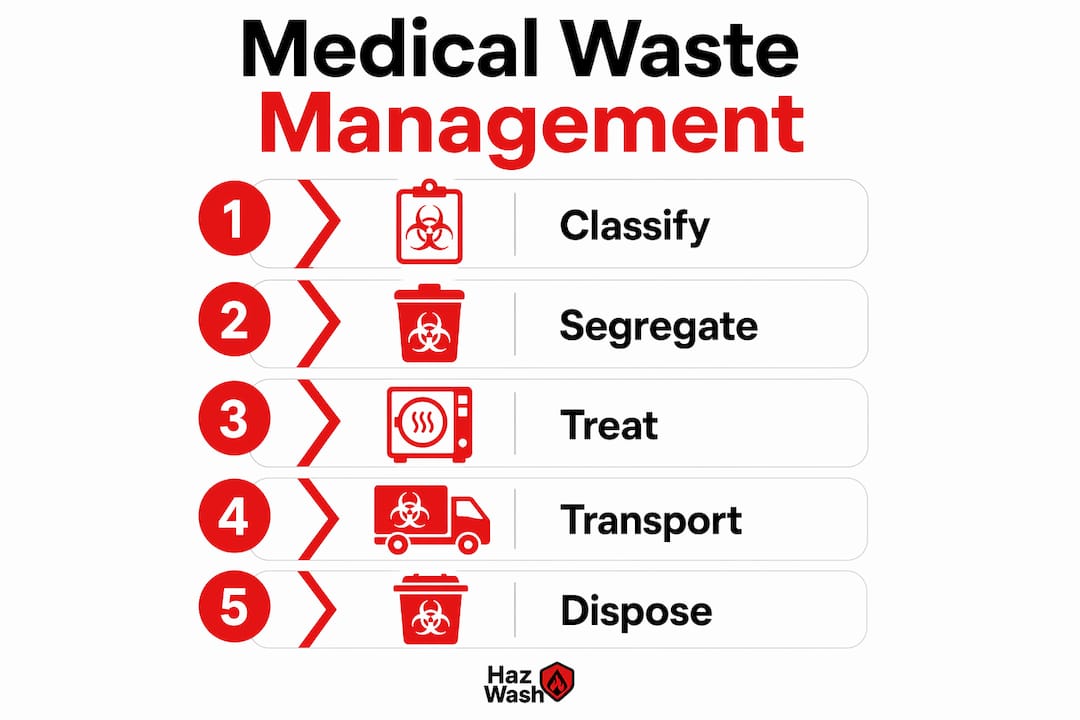 Infographic showing medical waste management workflow steps