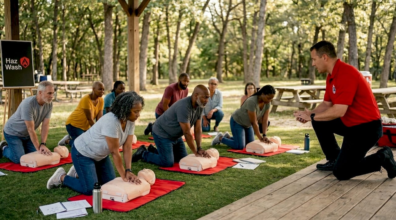 Community members practicing CPR in training session