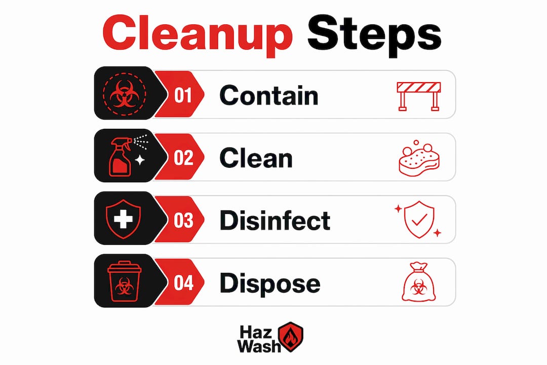 Infographic illustrating bloodborne pathogen cleanup steps Infographic illustrating bloodborne pathogen cleanup steps