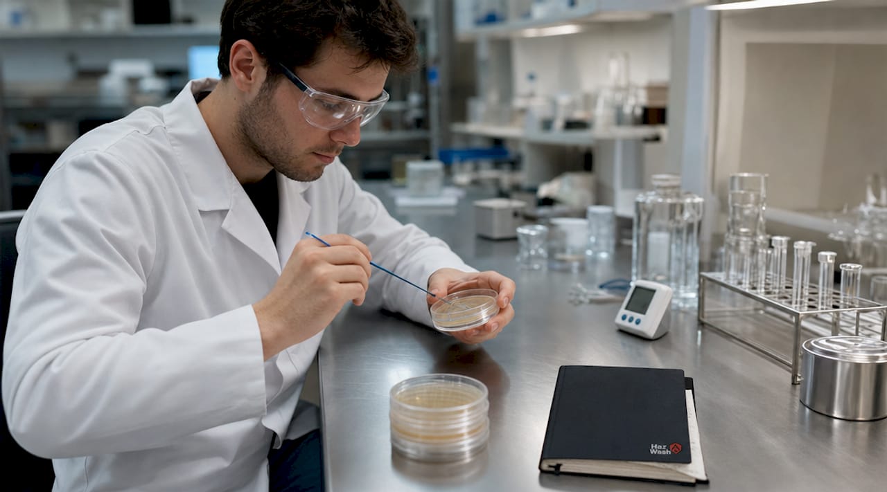 Hands working with microbial cultures in lab