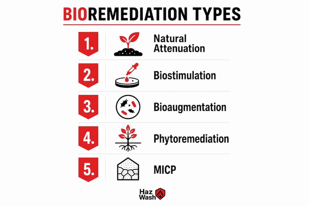 Infographic showing main bioremediation types