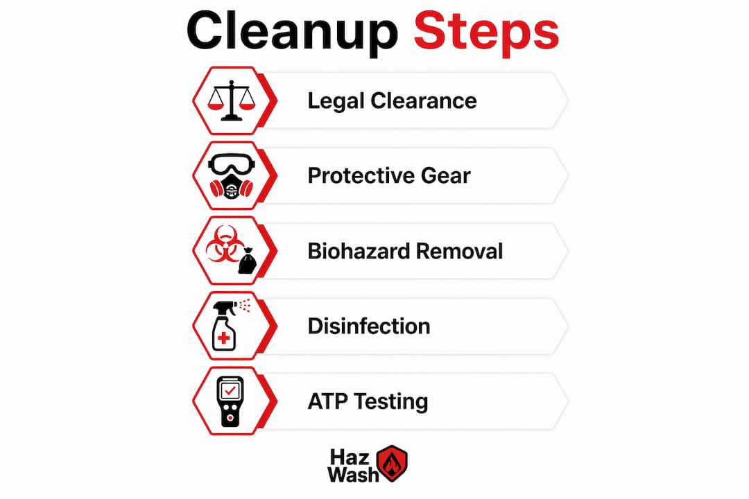 Infographic illustrating the suicide cleanup process steps Infographic illustrating the suicide cleanup process steps