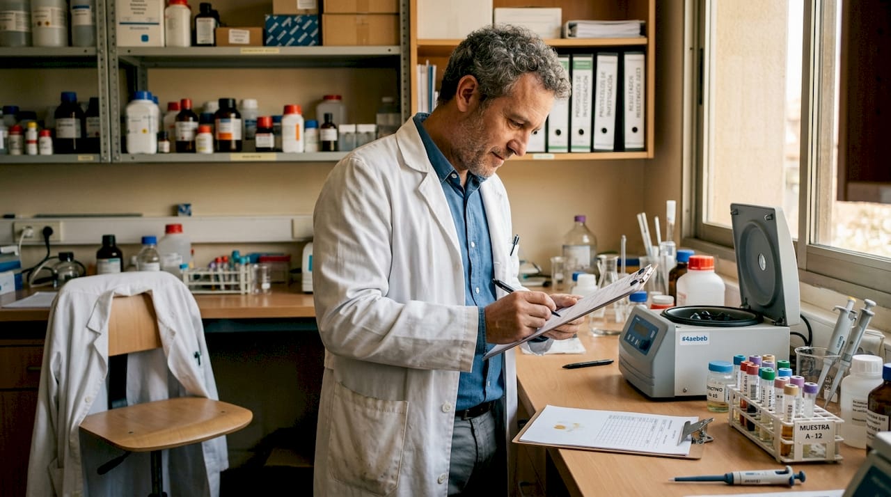 Especialista de laboratorio analizando los resultados de pruebas genéticas