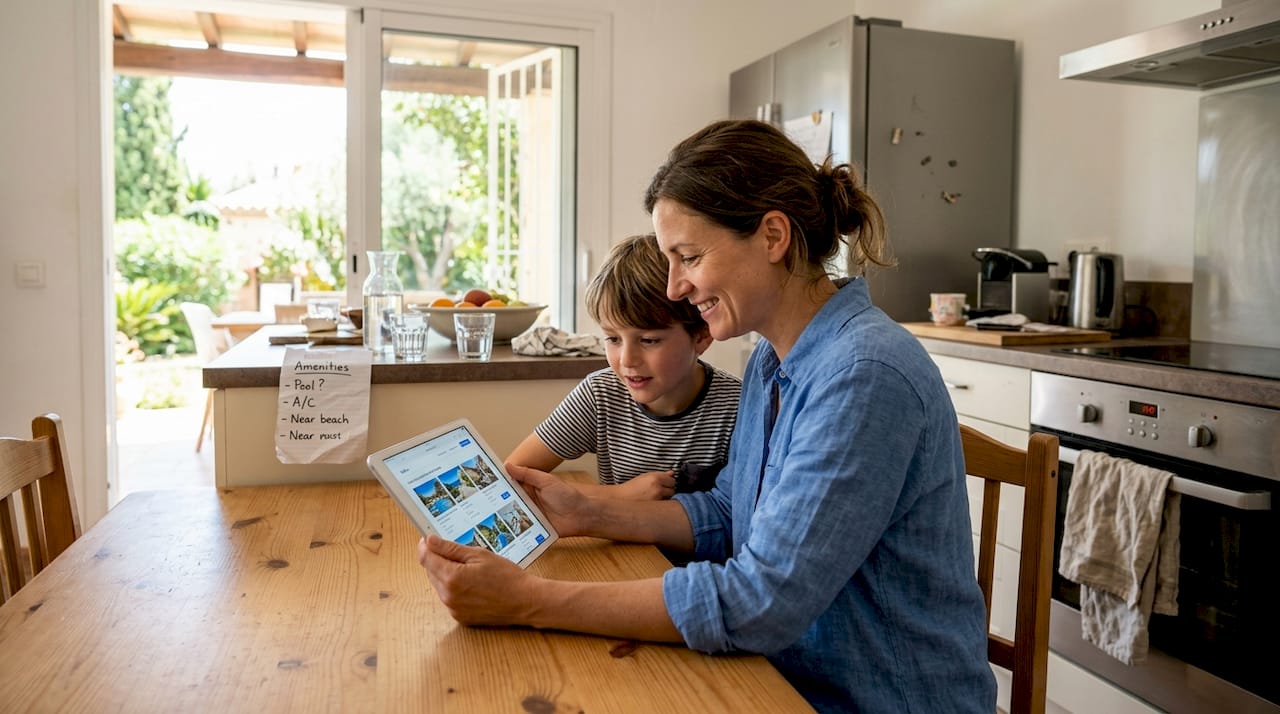 Mother booking villa beside son in kitchen