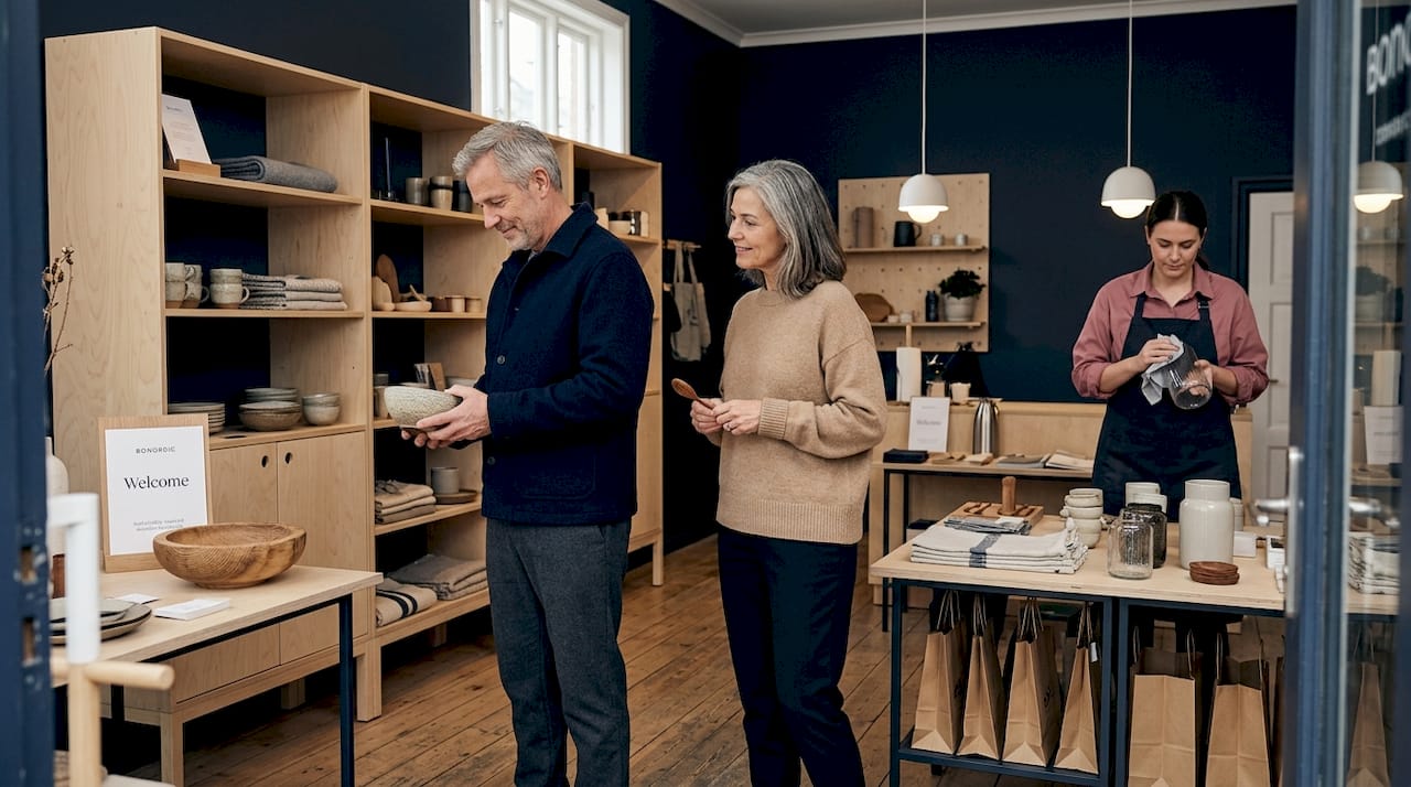Couple shopping in Nordic luxury boutique