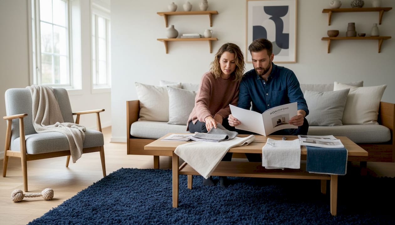 Couple choosing decor in Scandinavian living room