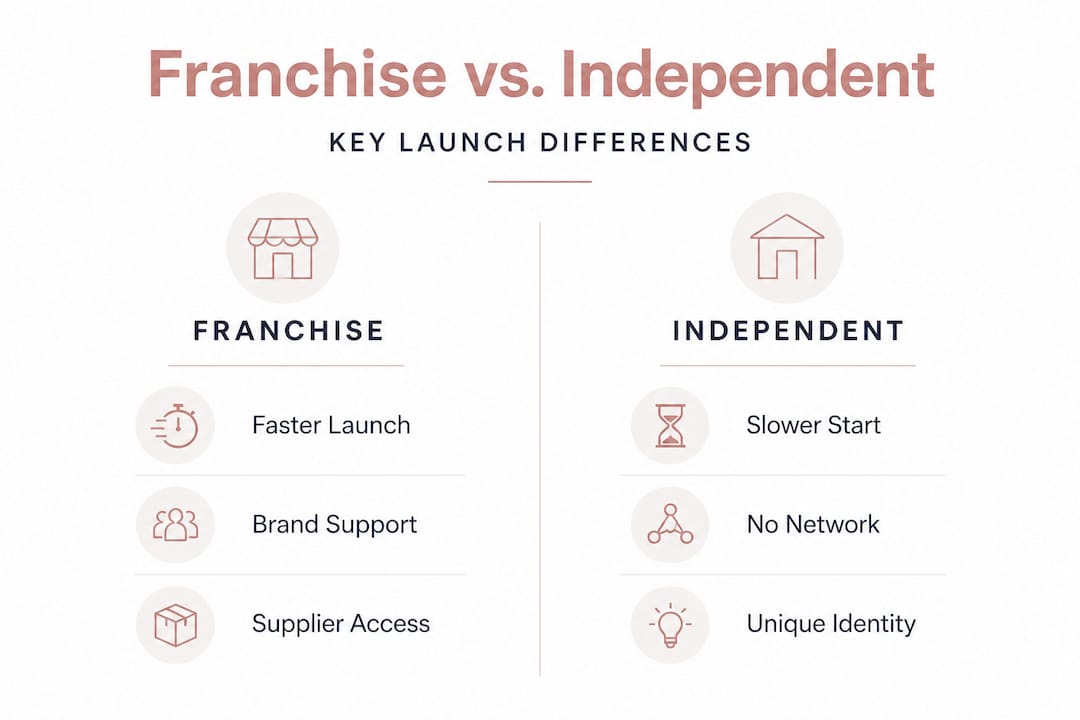 Infographic comparing franchise and independent launch factors