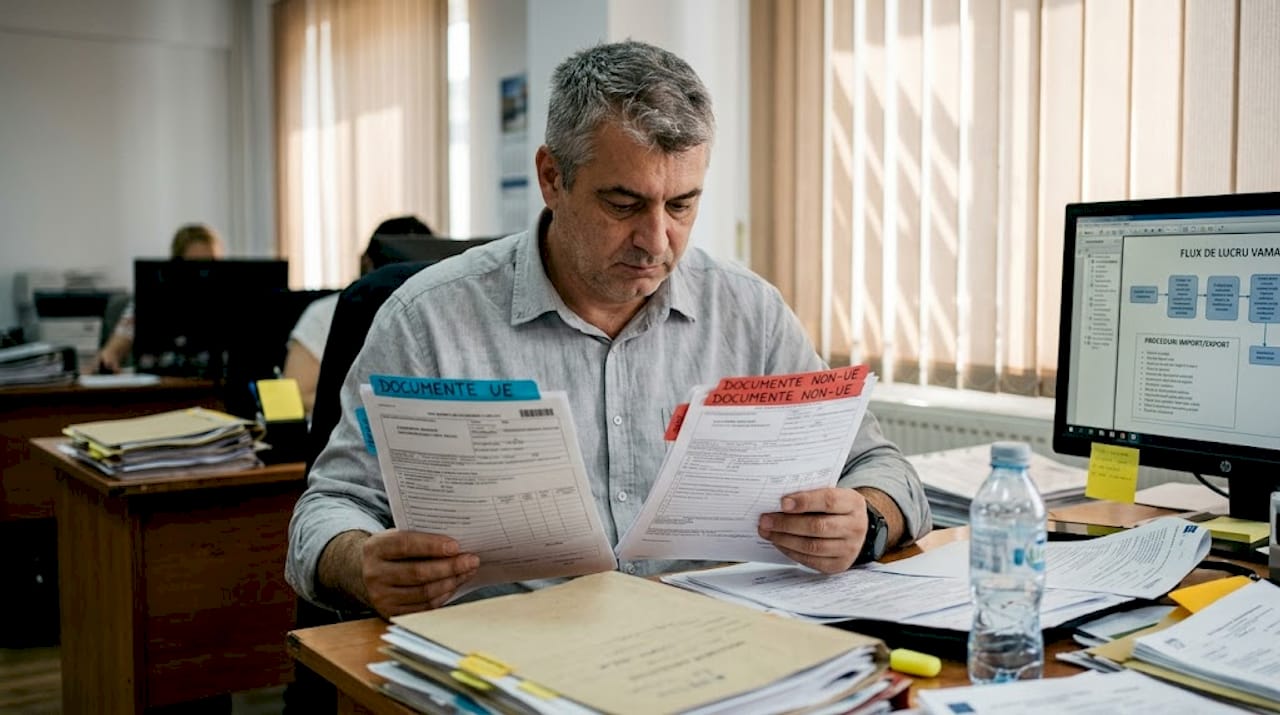 Coordonator care analizează diferențele dintre formularele vamale din UE și cele din afara UE