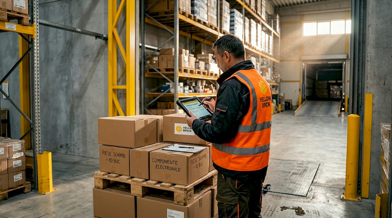 Un angajat din logistică își notează pe tabletă detaliile, chiar între rafturile cu cutii.