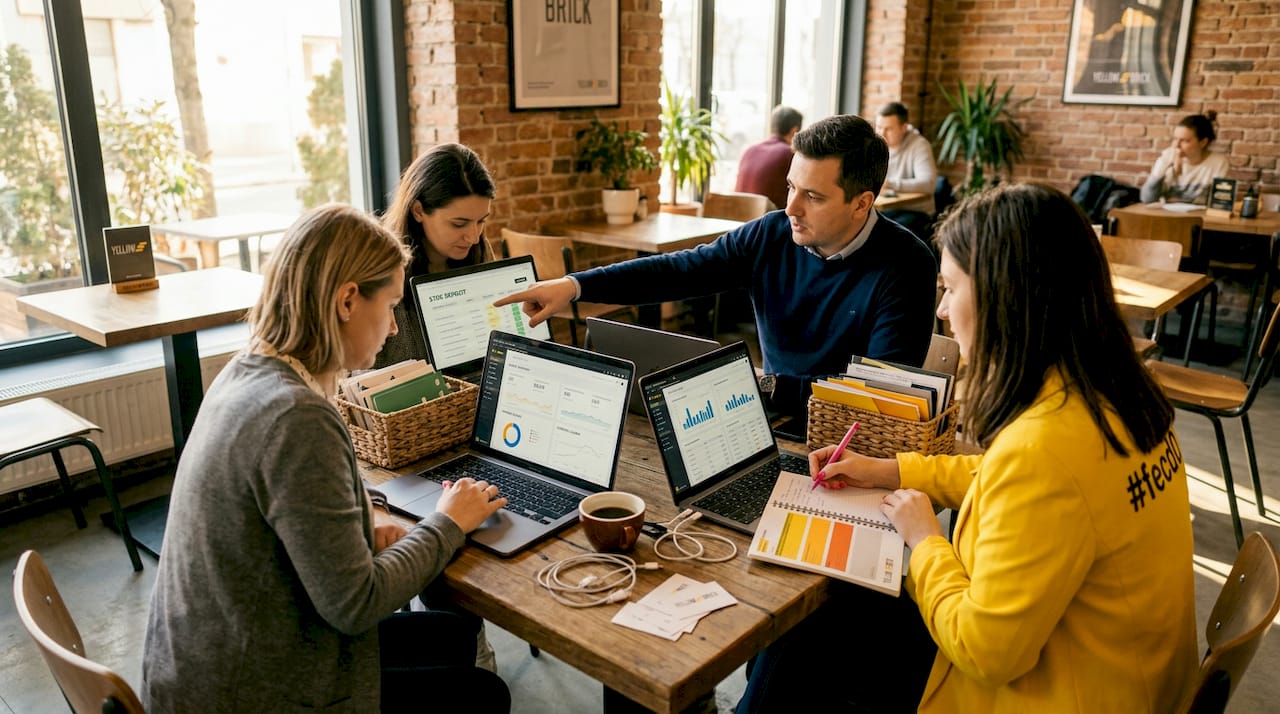 O echipă analizează rapoartele de monitorizare a lanțului de aprovizionare pe laptopuri.