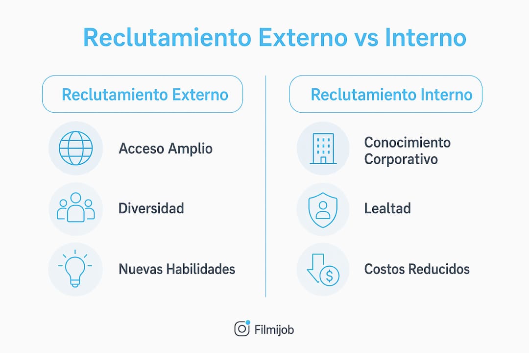 Infografía que muestra una comparación entre el reclutamiento interno y el externo, destacando las ventajas de cada uno.