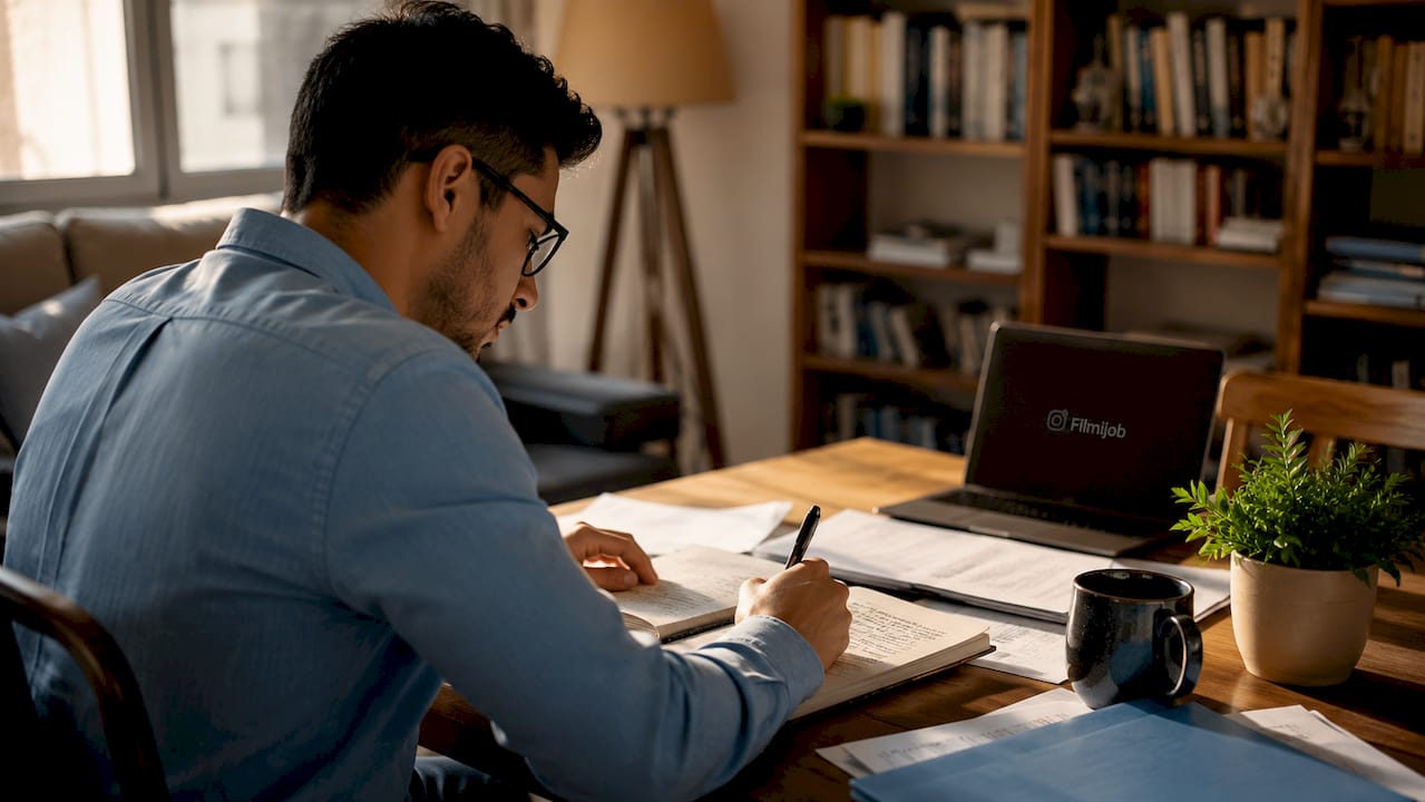 Hombre revisando apuntes de una entrevista estructurada en su despacho