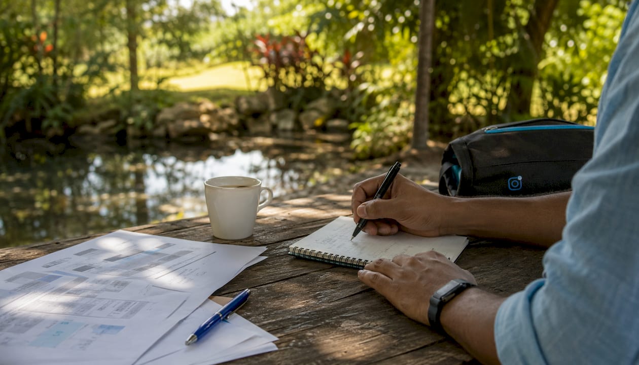 Manos escribiendo una descripción de trabajo desde casa
