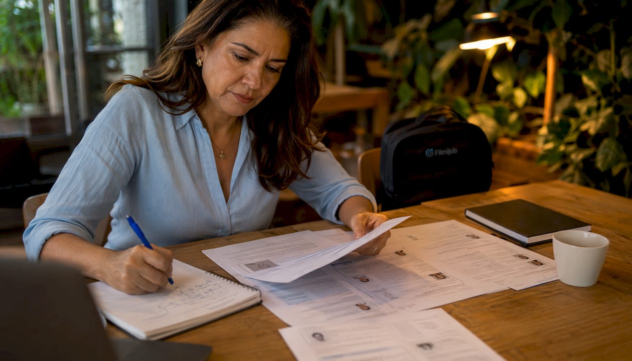 Especialista revisando currículums en su despacho