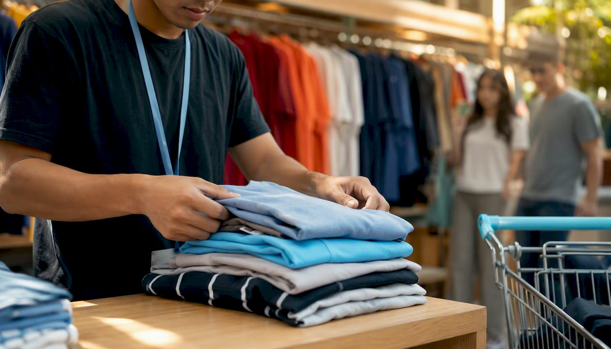 Empleado de tienda acomodando y ordenando la mercancía en los estantes.