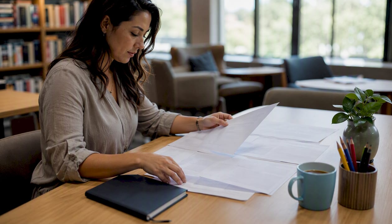 Personas preparando materiales de selección de personal sobre una mesa de trabajo