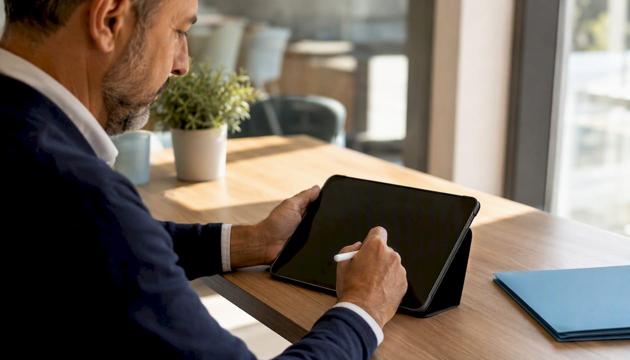 Manos firmando un contrato digital en una tablet
