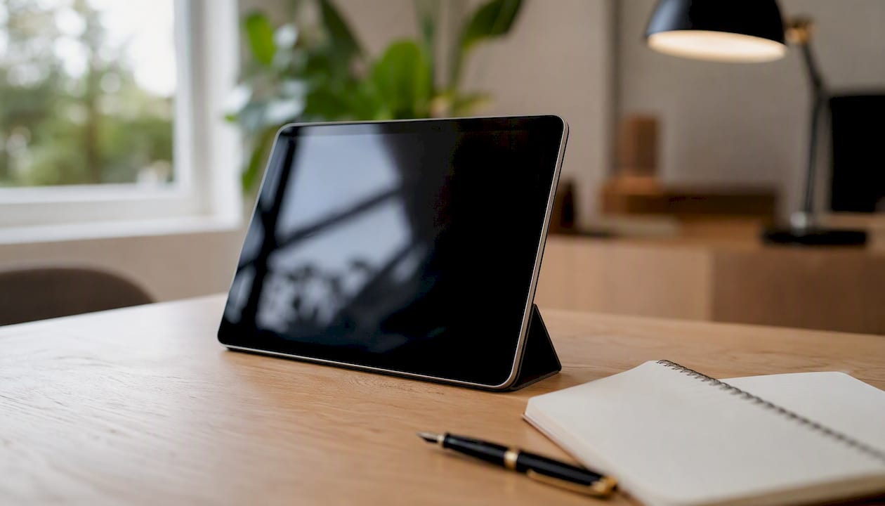 Tableta digital con plantilla de contrato y bolígrafo electrónico