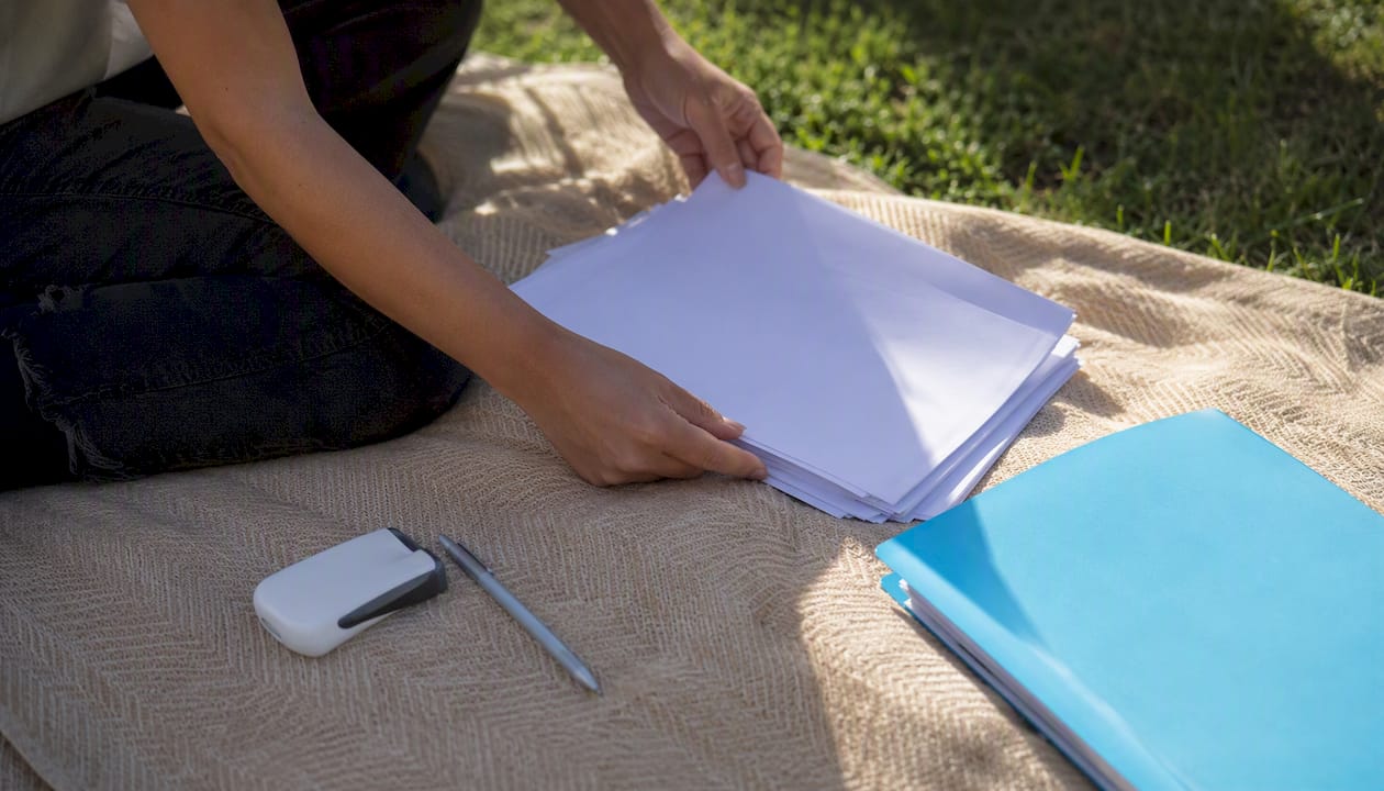 Manos organizando papeles de trabajo junto a un lector de identificación