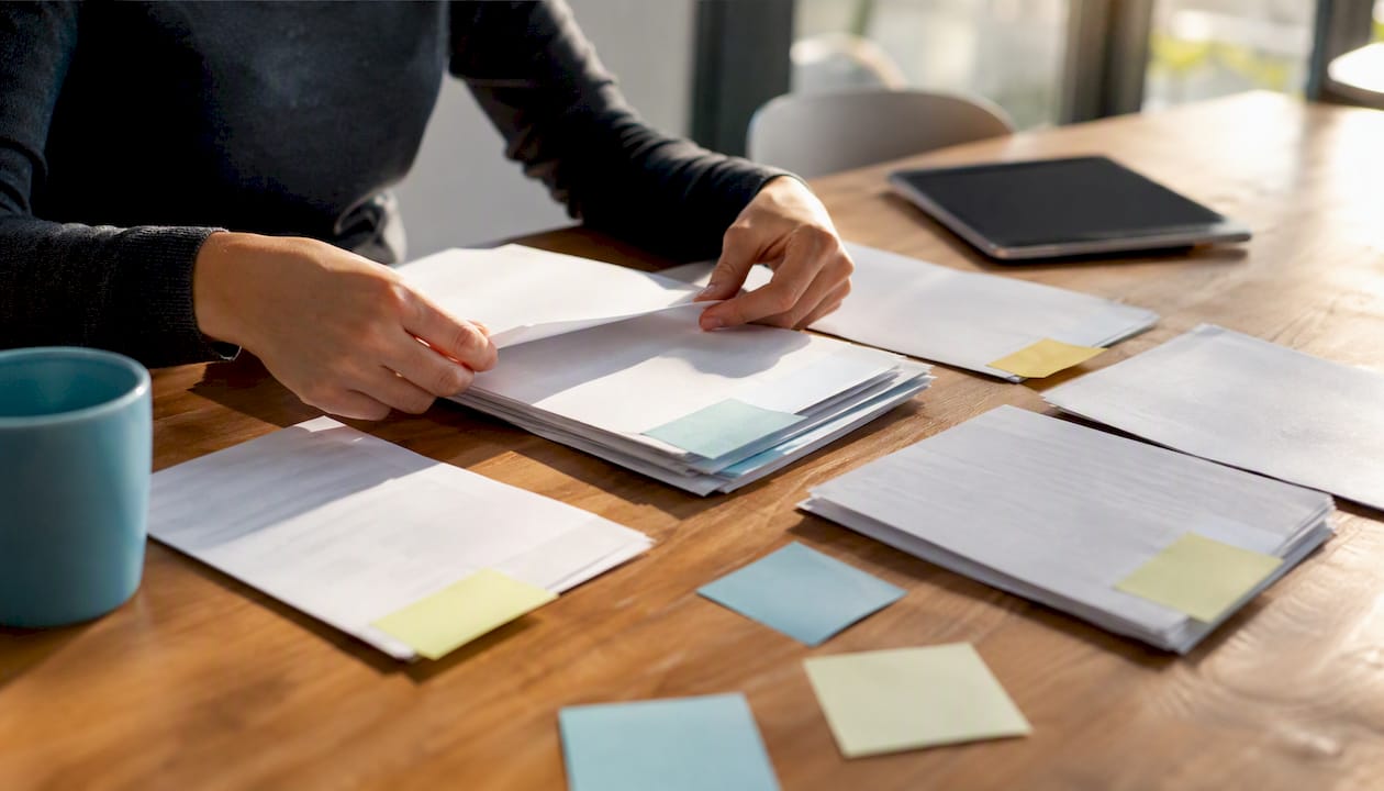 Manos revisando currículums sobre una mesa