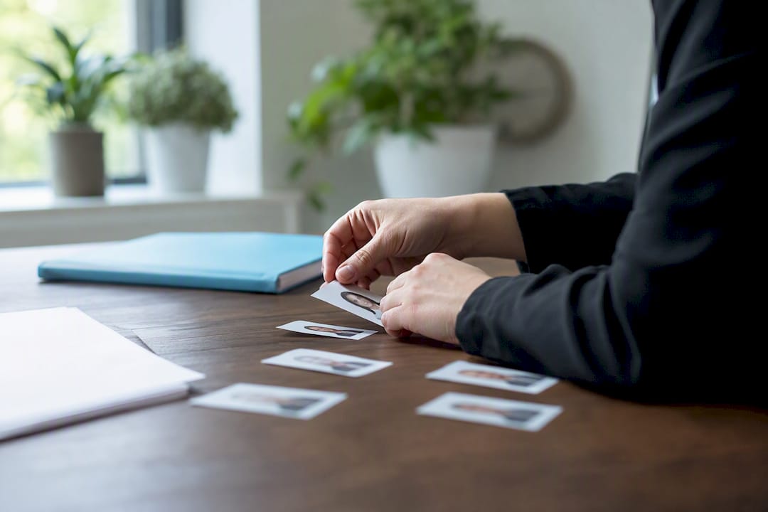 Manos organizando insignias con indicadores de selección de personal