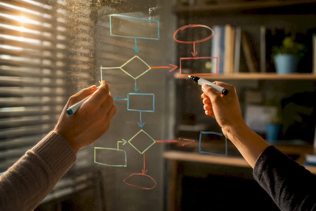 Manos dibujando un diagrama de flujo en una pizarra de vidrio