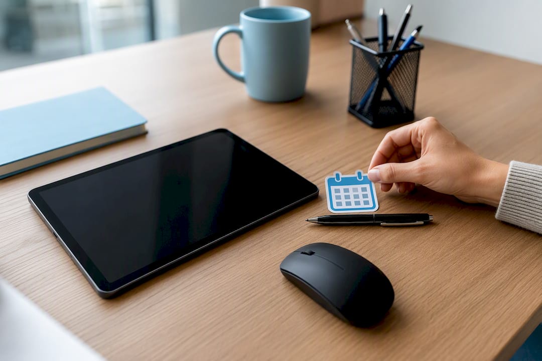 Objetos simbólicos de invitación de calendario sobre el escritorio