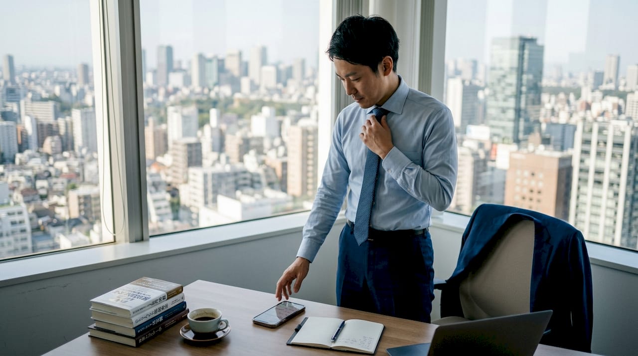 Japanese expatriate adjusting tie in office