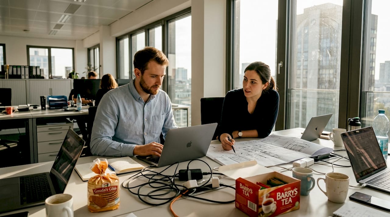 Engineers collaborating in Germany themed office