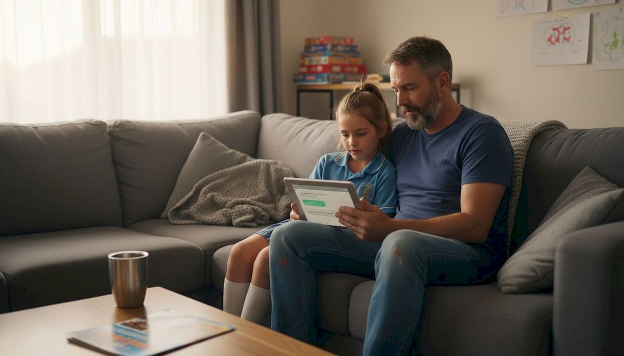 Family uses tablet for visa and school search