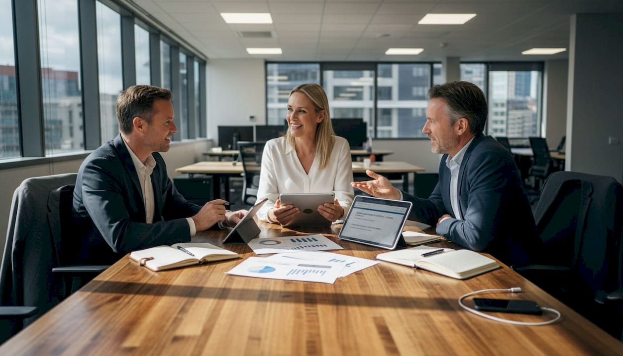 Team reviewing job offers in office meeting