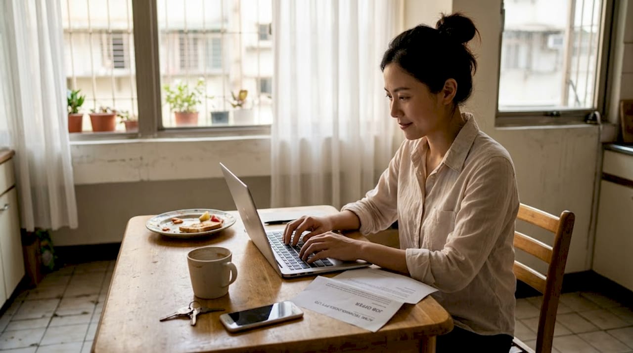 Woman working at kitchen table in Taipei apartment