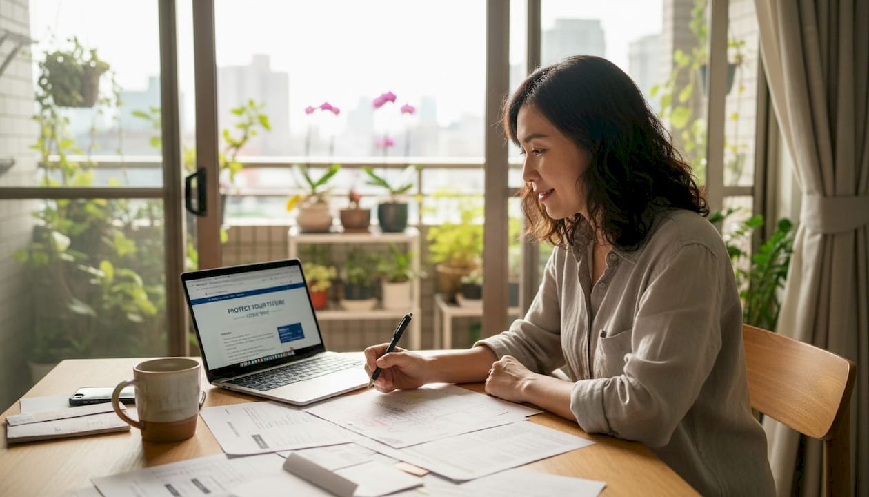 Expat woman reviews insurance at kitchen table